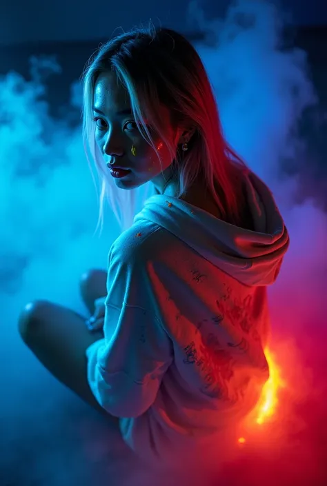 BACK FULL LENGTH: overhead view, covered in bright glowing neon paint, smoke surrounding a sad beautiful Asian female with Caramel skin, light freckles, big golden yellow eyes, dripping with neon glowing paint, long platinum blonde ombre wet hair, wet hair...