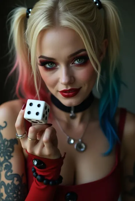 哈莉·奎因半身特写，Face， Cool tattoo on her hand ，Hallie Quinn bust close-up holding a lucky dice 