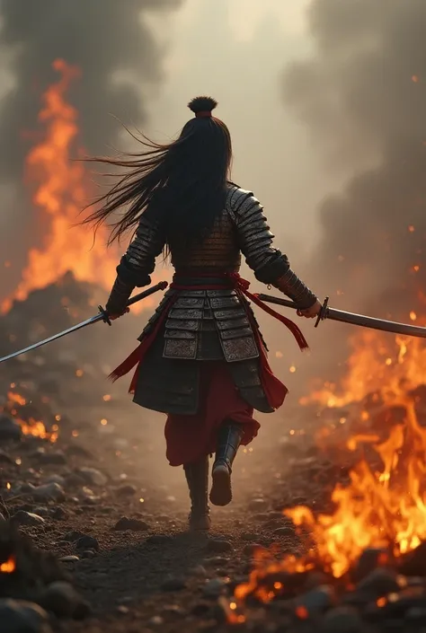  create an image of a Thai girl in sweet iron armor , Run into the battlefield ,  the left hand holds the Japanese sword ,  The right hand holds the Japanese sword . 
, her posture represents determination and courage .  view from a high angle, bird-eye vi...