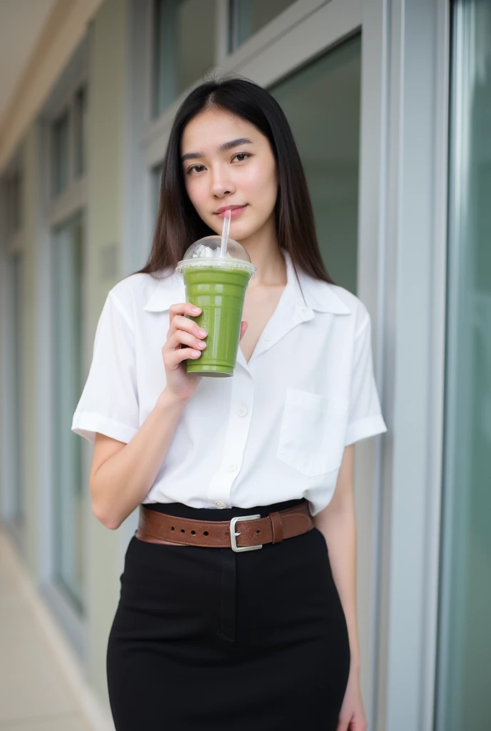 A young woman 18 years old standing casually against a wall, sipping a green smoothie from a clear plastic cup with a straw. She is dressed in a neat and modern outfit, featuring a white button-up blouse with short sleeves and a fitted black skirt. Her loo...