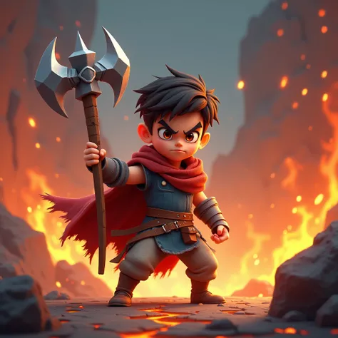 Holding a square halberd, sharp, making a pose strike an opponent, wearing a broken cape, with a very fierce and powerful expression, 3d cartoon, boy, with a background of angry flames in lava.