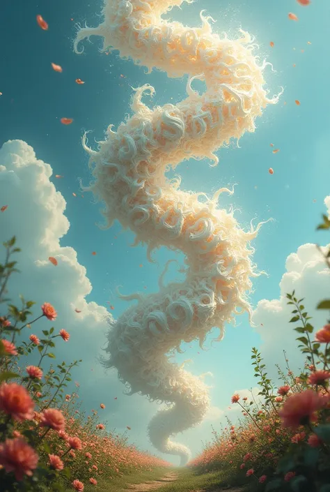 The wind is blowing and carried away magic words fly to the sky in a huge 3D whirlwind. Flowers on the ground. mettre en évidence lenvol des mots. "Poetry "