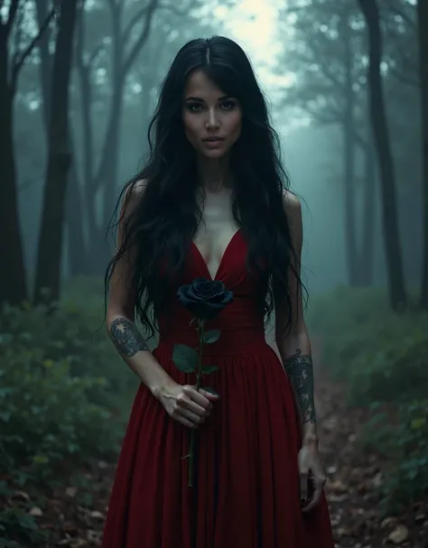  still from the cinematic film , ( a young woman with long thick black hair : 1.1), (redhead: 1.2), With bangs, (beautiful witch: 1.1), (beautiful hands: 1.1), standing in front of the camera, (looks at you: 1.4), (( in her hand holding a black rose by the...