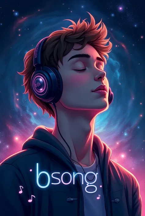 Create a youtube channel logo for me with a guy listening to music in headphone and lost in musical universe listening  and name BSONG written in it