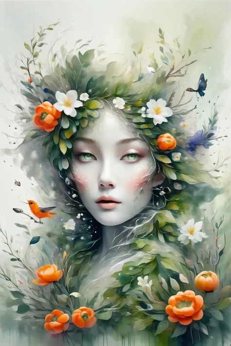 A captivating, surreal portrait of a woman with a predominantly white and gray color palette. Her striking green eye draws the viewer in, while her
vibrant orange lips provide a striking contrast. The face is intricately adorned with natural elements, incl...