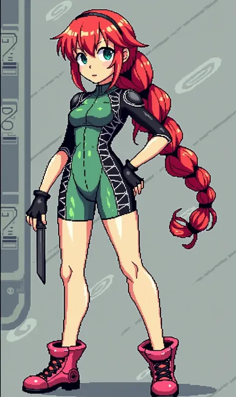 A full-body anime-style pixel art character with bright red hair styled with single frontal braids, wearing a futuristic, tight green diving suit with a dystopian, high-tech design. Technological details, covering her body entirely except for her legs. She...