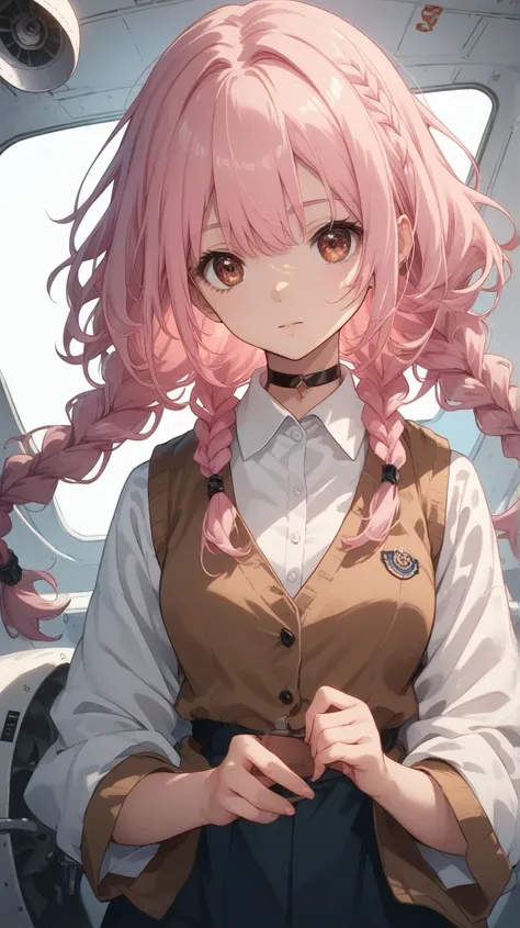 straight front view of An anime girl with long, pink hair styled in twin braids, with a few strands falling between her eyes. add light on face to highlight. She has brown eyes and wears a white collared shirt with a black, buttoned vest and a thin black c...