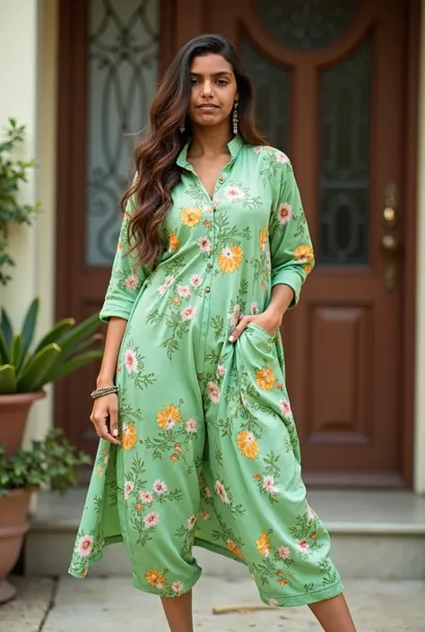 woman outside home wearing Rayon Women Floral Print V Nack Straight Kurta with Pant Set light green colour , curvy model, beautiful model girl, perfect body, sexy girl, wearing tight shirt, lovely woman, brown hair and a perfect body, very attractive and b...