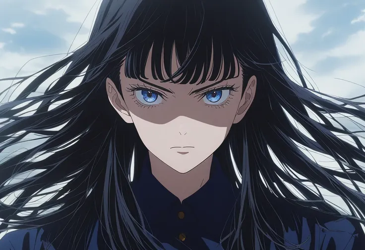 1 girl, screenshot from anime Tokyo Revengers, alone, locks of hair ((long black hair)), blue eyes, serious look, looking at viewer, black hair, hime cut hair, eyelashes, portrait, school uniform, shirt, head and shoulders in frame, upper body, background ...