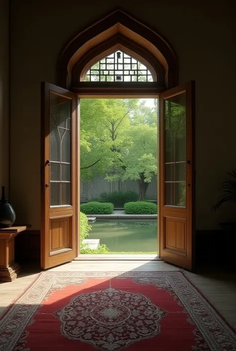 a long shot from an old Iranian house in hall. there is a small window that shows yard. Yard has a pond and trees. In the hall is a carpet.
