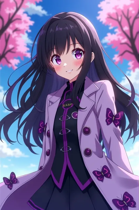  Screenshot of Kimetsu no Yaiba.
Make a teenage girl with long loose black hair with purple highlights . has bright purple eyes and is smiling  . she wears a light purple open trench coat with dark purple details on the underside of the open trench coat sh...