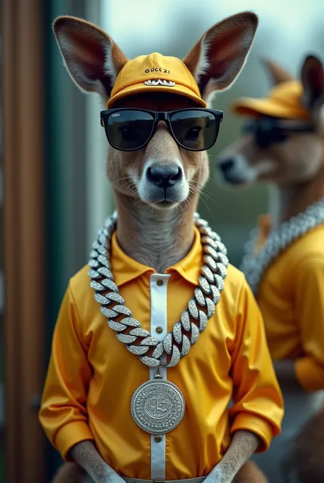 Photo of a kangaroo wearing a six-pack diamond chain ,  jockey and Gucci lenses taking a selfie in front of a mirror hiding between his legs