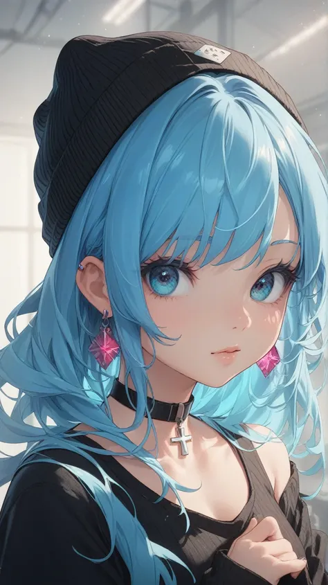 straight front view of An anime girl with shoulder-length, straight mint blue hair, styled with short sidelocks and a cute, sleek beanie. She wears a black sweater with silver studs along the collar and a white shirt underneath. Her cross earrings and chok...