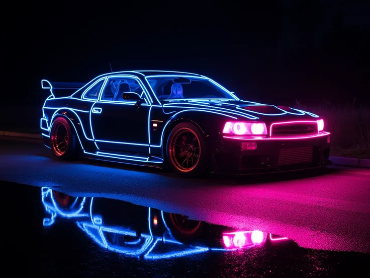 NeonLighting Art, In the style of night neon street, night, neon street, Neon lights in a neon city, darkness and neon, super black fantastic sports car with neon lights, bright neon on a super black background, street style, neon style, night light art, d...