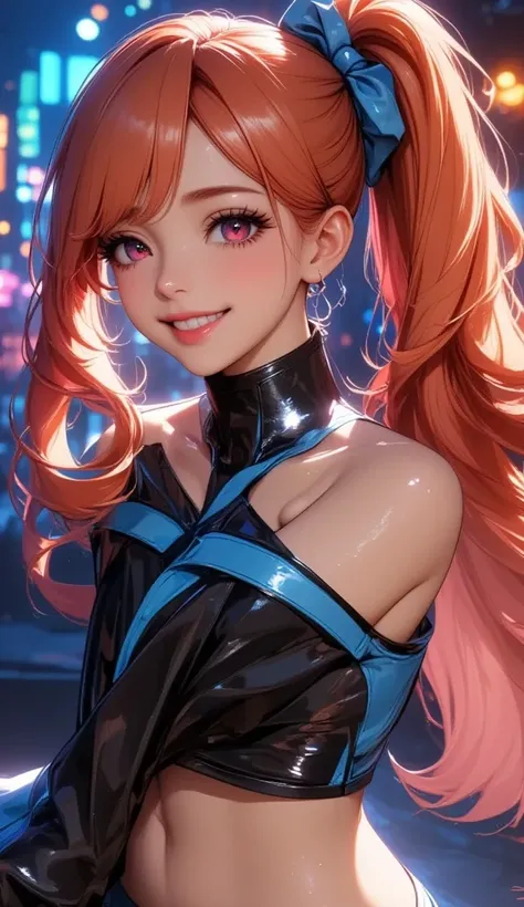   Virtual Idol ,   Women with Impressive Beautiful Eyes  :1.2,    beautiful eyes with attention to detail ,   beautiful detailed lips  ,    highly detailed eyes and faces,   Long eyelashes , (((  orange hair ,   High Position Ultra Long Ponytail , Blue Hai...