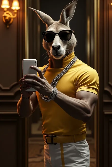 Photo of an attractive kangaroo with a six pack diamond chain,  jockey and Gucci lenses taking a selfie in front of a mirror hiding between his legs