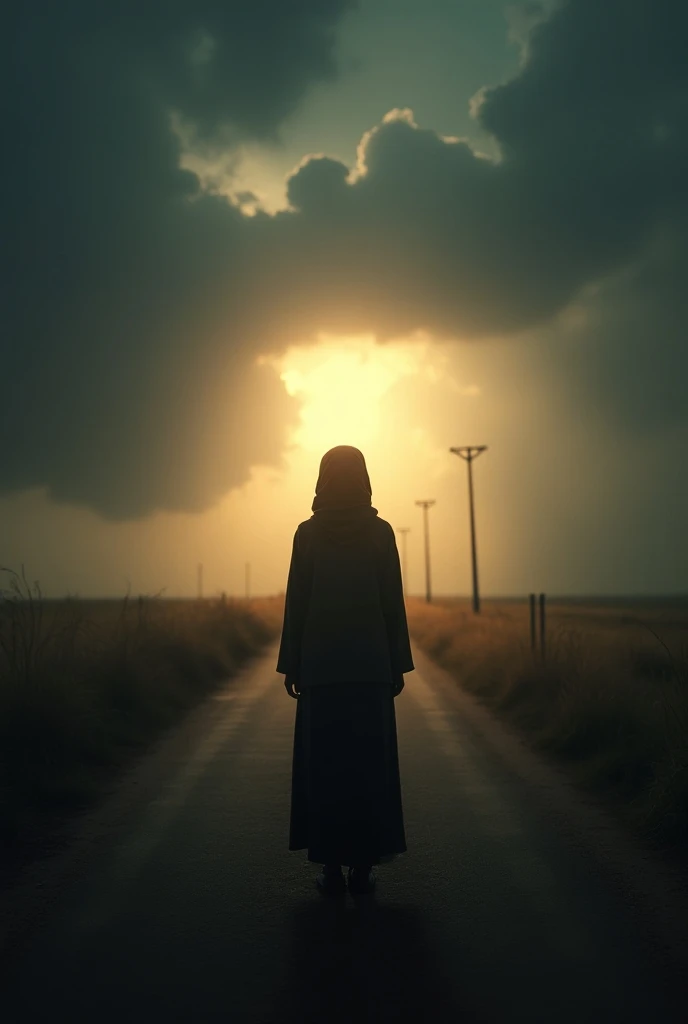  "Depict a Muslim girl standing at a crossroads, each path representing different futures: one full of limitations and restrictions, the other leading to a world of education and opportunities. The atmosphere should be filled with suspense, with dark cloud...