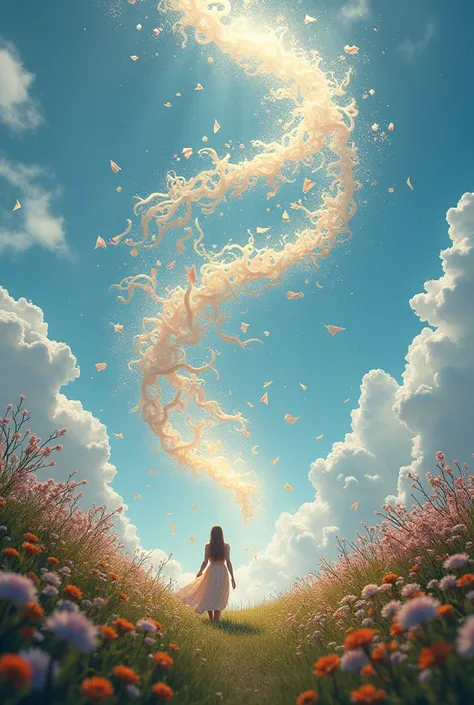 The wind is blowing and carried away magic words fly to the sky in a huge 3D whirlwind. Flowers on the ground. mettre en évidence lenvol des mots. "Poetry "