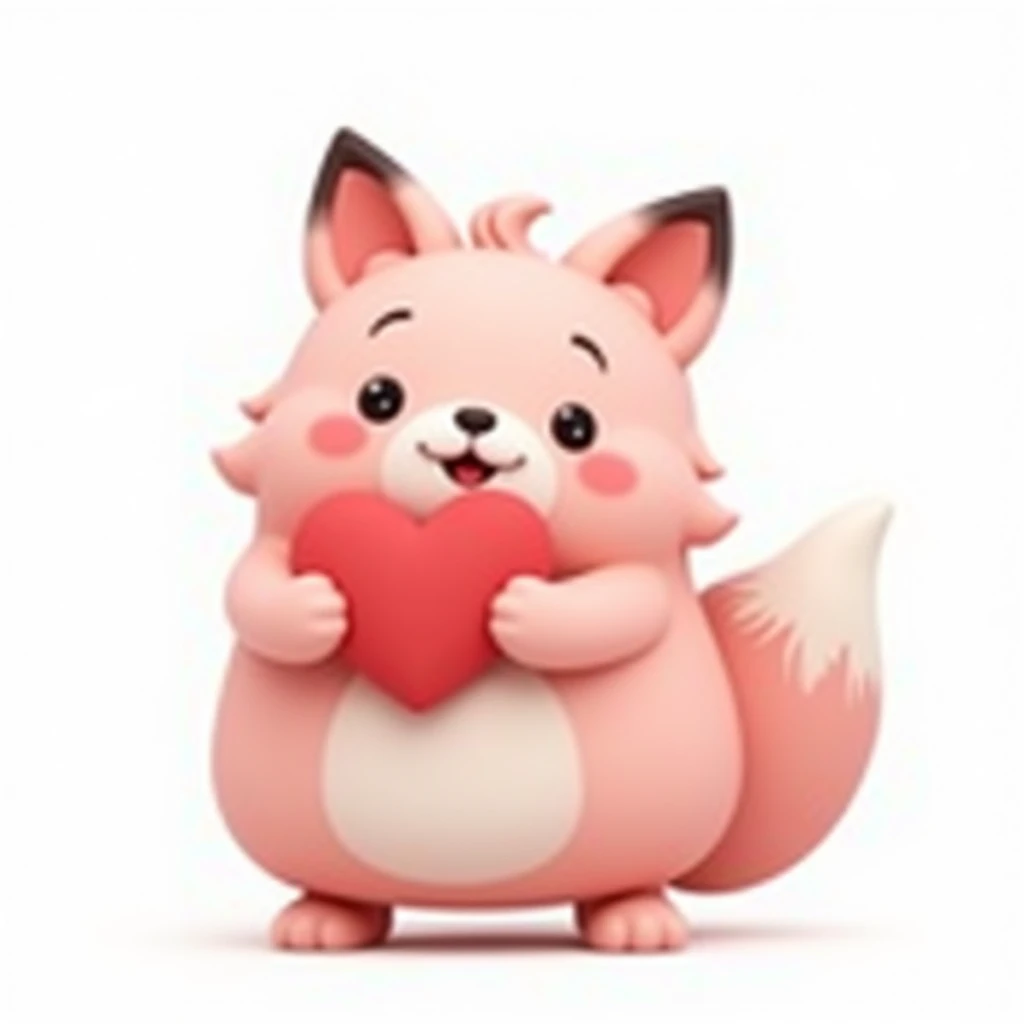 Create an image of a fat, cute, pink fox with fluffy fur and a round belly, showing a happy, loving facial expression while holding a heart. The fox has exaggerated, cartoonish movements. Rendered as a 3D character with a minimalistic, elongated body, a li...