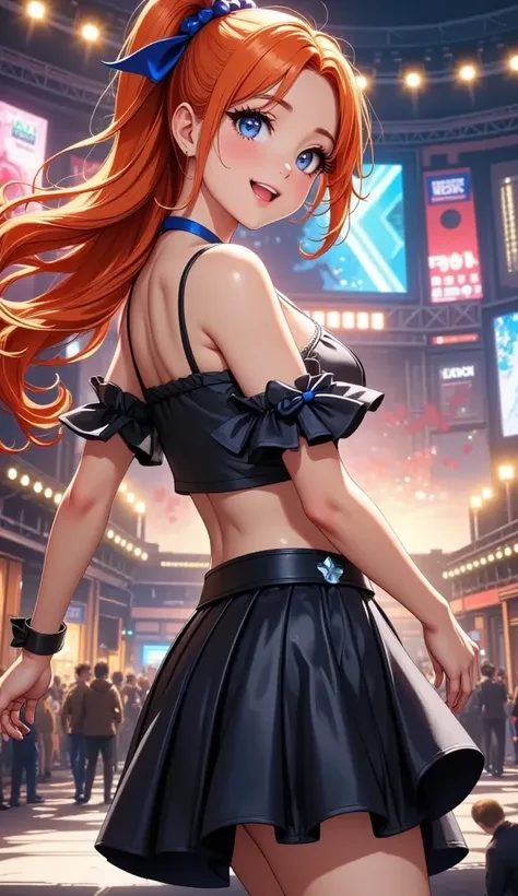   Virtual Idol ,   Women with Impressive Beautiful Eyes  :1.2,    beautiful eyes with attention to detail ,   beautiful detailed lips  ,    highly detailed eyes and faces,   Long eyelashes , (((  orange hair ,   High Position Ultra Long Ponytail , Blue Hai...