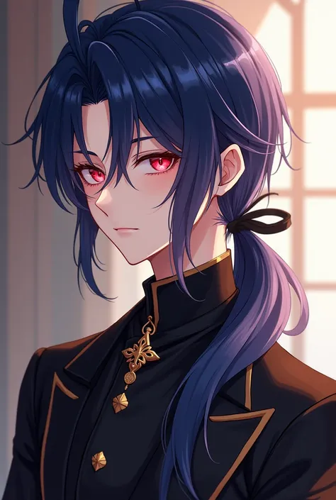 A young anime man with sharp red eyes represents long indigo hair tied with a black ribbon , He has fair skin and wears all the beautiful and luxurious black fairy clothes like the clothes of nobles in a luxurious school uniform
