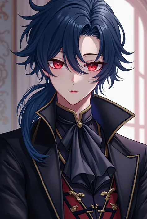 A young anime man with sharp red eyes represents long indigo hair tied with a black ribbon , He has fair skin and wears all the beautiful and luxurious black fairy clothes like the clothes of nobles in a luxurious school uniform
