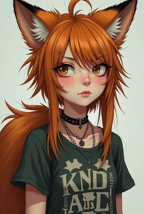 girl with piercings on face, long messy straight ginger hair with small fox ears and a fox tail with a band t-shirt and choker