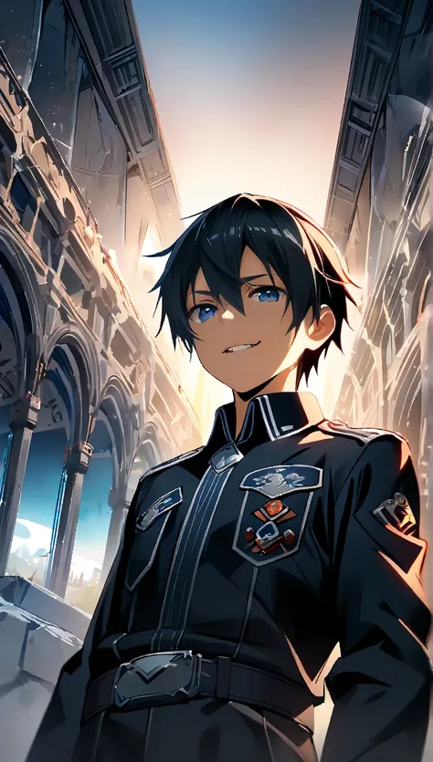 masterpiece, 最 High Quality , 8k, ((1 male, Alone, male focus, confident,)), A transparent blue room in a beautiful sky , 最 High Quality , Kirito,  Anime Style Cool Guy,  Sword Art Online ,Black collared military uniform , black gloves  ,  One Boy , Look a...