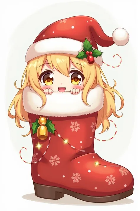  It is an adorable drawing , in a chibi style ,  of a character wearing a Christmas hat ,  a big red boot with Christmas decorations such as bells and lights ,  and a very cheerful expression that is tucked into the Christmas boot with long blond hair 