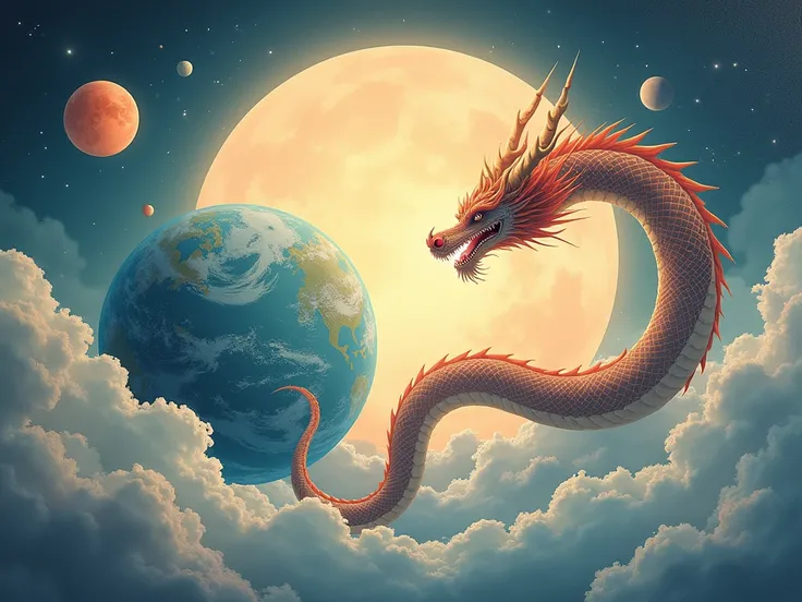 generate a simple 2D , containing Earth , mar, an oriental dragon and a moon with light colors,  image to be transferred to a sulfite sheet