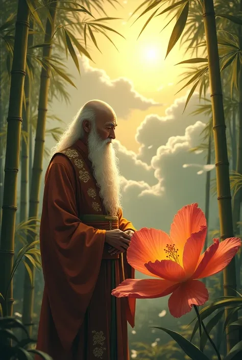 China No Hair Light Hair Long Beard Old and Shiny Clothes In Bamboo Forest Clouds Facing Big Flower Sun