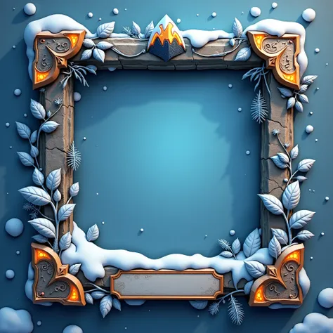  Develop a 3D stylized frame for a winter-themed map with structure,  following the frame in the provided image . The frame should use winter blue tones , white snowflakes,  and rich shades of silver with the effects of glowing stones and vines on the edge...