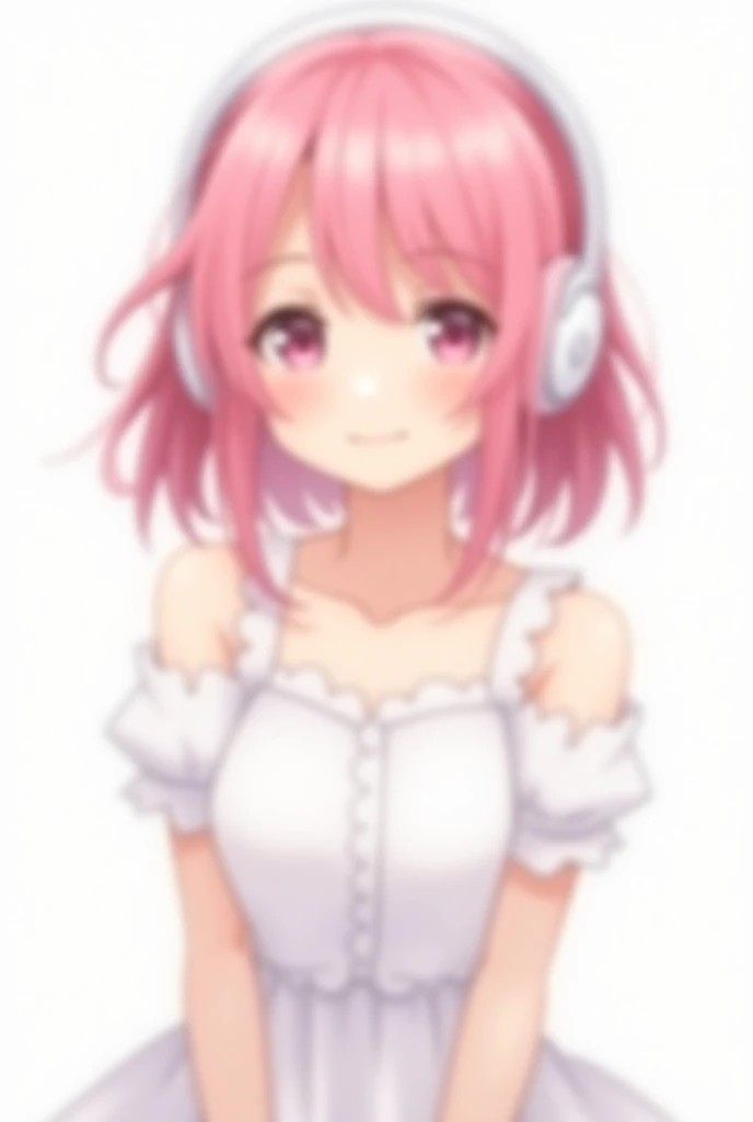 ren.Pink hair wearing cute headphones, white wearing a dress