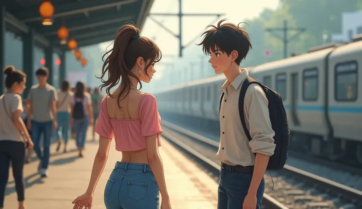 In the photo, a Indian big boobs girl walks away on a bustling railway platform, leaving behind a boy whose gaze follows her with a quiet, lingering ache. She’s dressed in a soft pink crop top that matches her hair, which is loosely tied back, reflecting a...