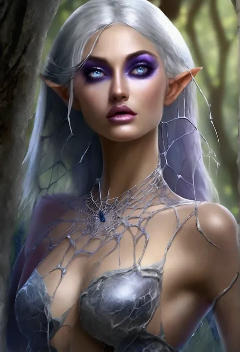 (Seductive nightmare)(Hyper realism)(Realistic fantasy)A moon elf greatly resembling Paris Hilton (age 25, psycho mouth full of jagged razor sharp teeth, long razor sharp finger nails, blue skin, violet eyes, silver hair, sheer spider silk lingerie(over ex...