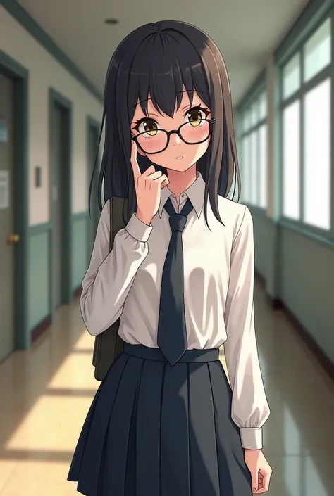 the nerd girl wearing metal glasses wearing japan school uniform

