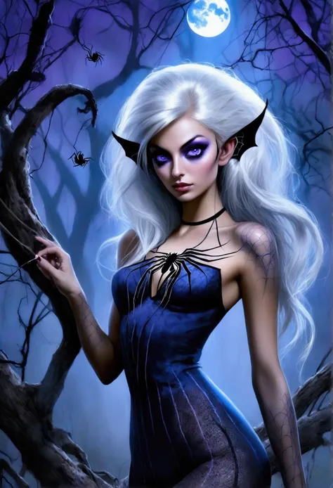 (Seductive nightmare)(Hyper realism)(Realistic fantasy)A moon elf greatly resembling Paris Hilton (age 25, psycho mouth full of jagged razor sharp teeth, long razor sharp finger nails, blue skin, violet eyes, silver hair, sheer spider silk lingerie(over ex...