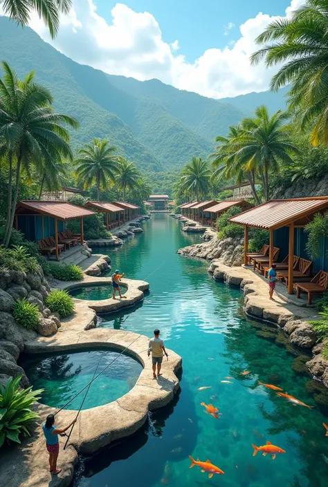 Photo of a fishing spot in Indonesia, showing fish ponds and shelter for anglers, modern fishing spot