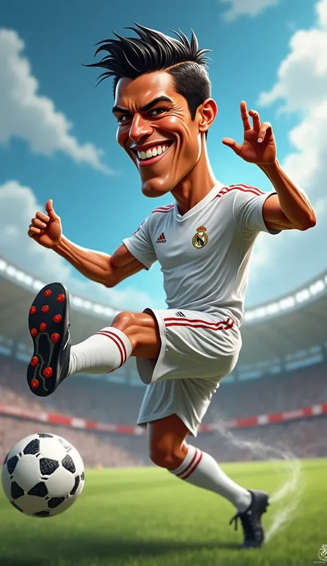 Caricature of Ronaldo in action during his Real Madrid days, capturing his signature powerful kick or header. The scene shows Ronaldo mid-air, about to strike the ball with intensity, emphasizing his strength and precision.
