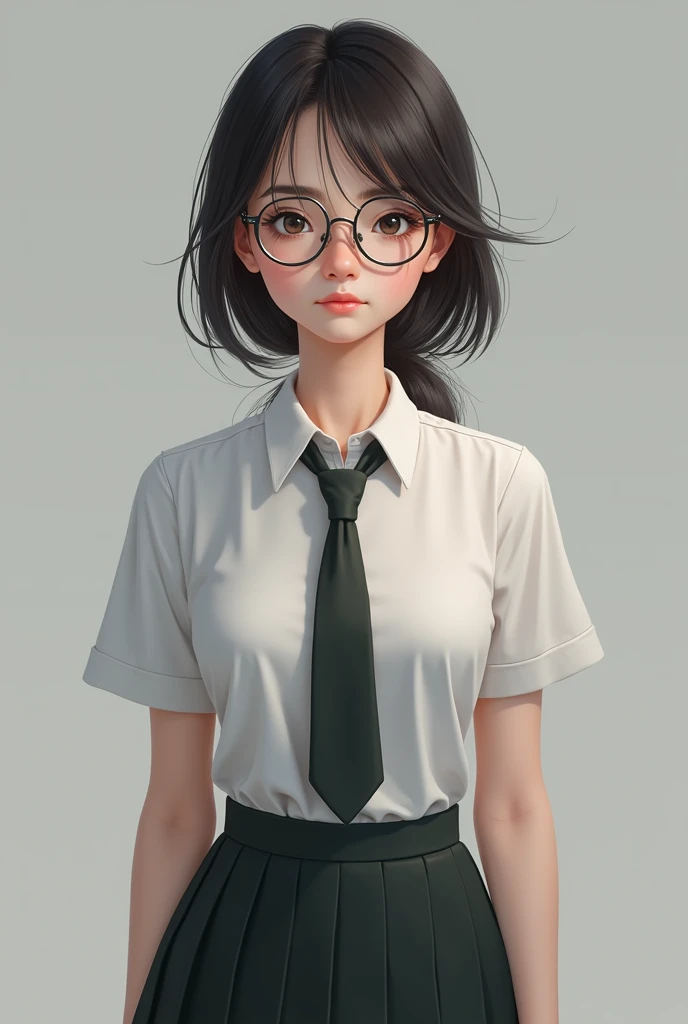 the nerdly lady wearing metal glasses wearing  school uniform 

