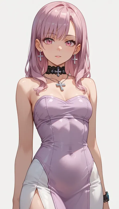 anime girl, lavender style anime hair, wearing futuristic dress, black color dress,, soft pink eyes, jewels choker with a tiny cross pendant, dark pink hairs, silver cross earring, white plain background, front view, warm gentle gesture, white plain backgr...