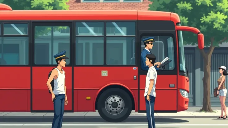 An anime-style scene showing a red route bus in a Southeast Asian setting, with a single bus driver wearing black sunglasses, a standard uniform hat, and a blue uniform seated inside the bus. Outside, a male traveler wearing a tank top stands while engaged...