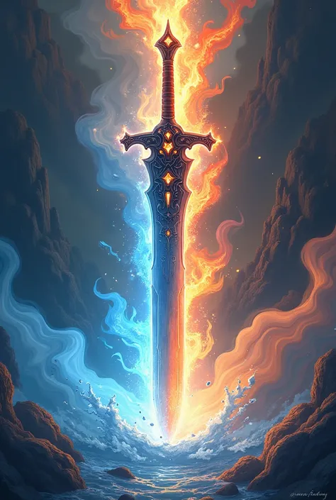 Sword sorrounded by water and fire element anime style more animatic style like demon slayer sword