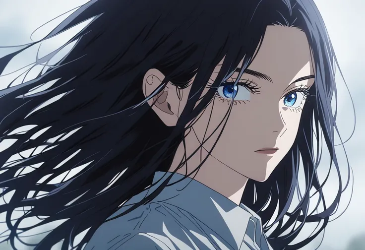 1 girl, screenshot from the anime Tokyo Revengers, alone, locks of hair ((long black hair)), blue eyes, neutral gaze, looking at viewer, black hair, hime haircut, eyelashes, portrait, school uniform, shirt, upper body, background a school during the day, l...