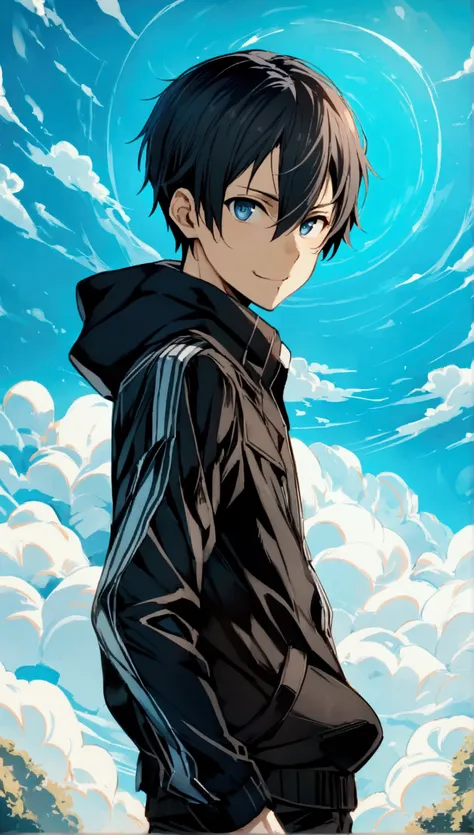 masterpiece, 最 High Quality , 8k, ((1 male, Alone, male focus, confident,)), A transparent blue room in a beautiful sky , 最 High Quality , Kirito,  Anime Style Cool Guy,  Sword Art Online ,He is wearing a black school uniform over a white hoodie , black gl...