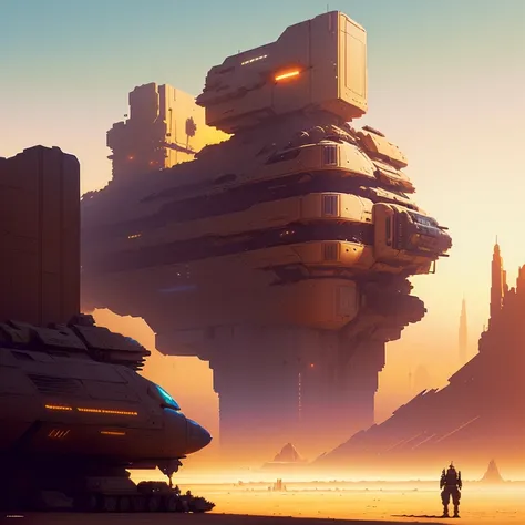 there are some planes flying over a desert area with a building, inspired by Craig Mullins, beeple and jean giraud, paul lehr and beeple, craig mullins style, ancient yet futuristic, greg beeple, beeple and tim hildebrandt, arstation and beeple highly, by ...