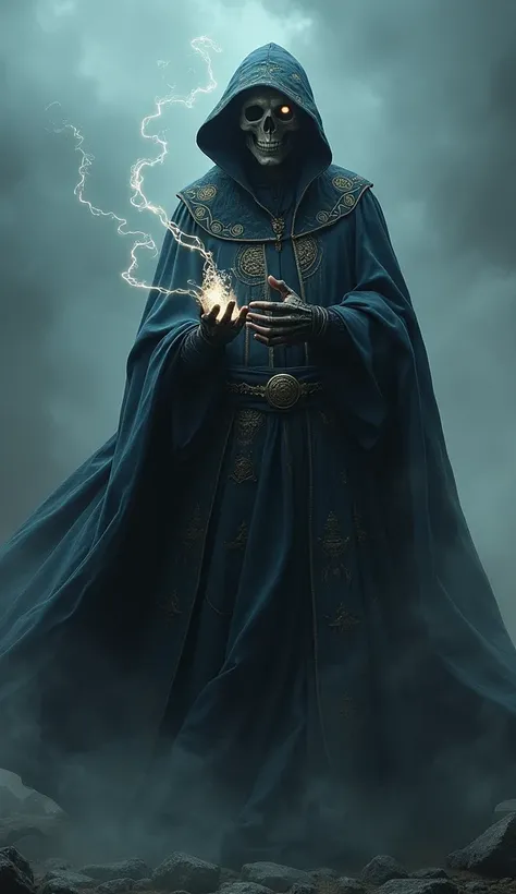 Doctor Strange as a dark necromancer, with skull-like features, shadowy magic and wearing doctor stranges cloak