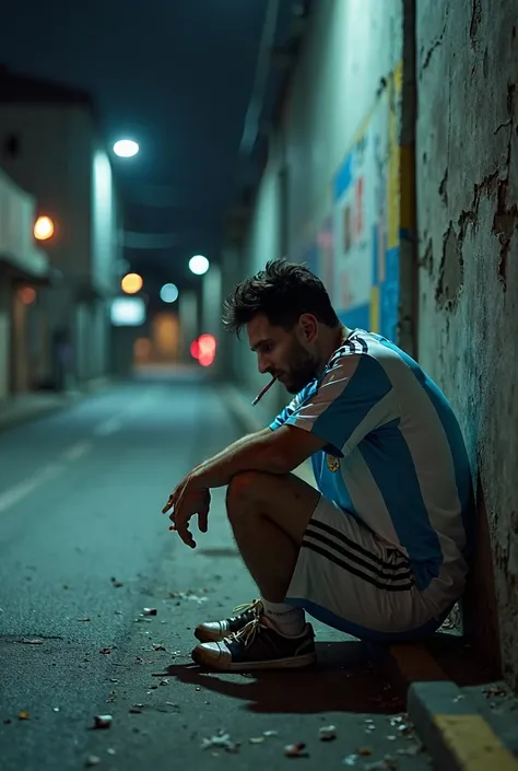 Lionel Messi wearing Argentina national team uniform on the street at night, smoking and upset, sitting on the floor and leaning against the wall