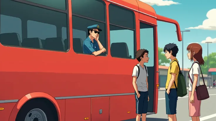 An anime-style scene showing a red route bus in a Southeast Asian setting, with a single bus driver wearing black sunglasses, a standard uniform hat, and a blue uniform seated inside the bus. Outside, a male traveler wearing a tank top stands while engaged...