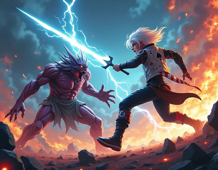  Create an image of a character with white hair,numbers and aces,Using a lightning sword , fighting against another demon character , do it in the style of young titans in action 